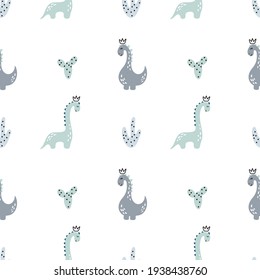 Childish seamless pattern with hand drawn dino in scandinavian style. Creative dinosaur vector childish background for boy fabric, textile.