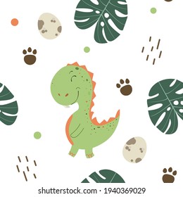 Childish seamless pattern with hand drawn dino in Scandinavian style. Cool t-rex illustration for nursery t-shirt, kids apparel, invitation cover, simple child background design. Vector illustration.