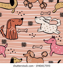 Childish seamless pattern with hand drawn dogs. Trendy scandinavian vector background. Perfect for kids apparel,fabric, textile, nursery decoration,wrapping paper