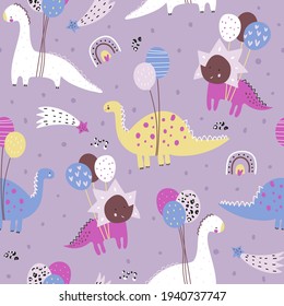 Childish seamless pattern with hand drawn flying dinozaurs on balloons. Creative vector childish background for fabric, textile