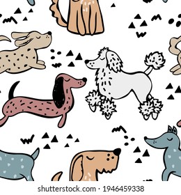 Patrón infantil sin costuras con perros dibujados a mano. fondo de vectores escandinavos de moda. Perfecto para prendas de vestir, tela, textil, decoración de vivero, papel envolvente