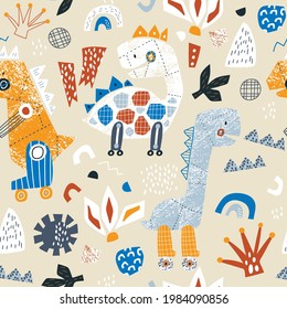 Childish seamless pattern with hand drawn dinosaurs robots and abstract shapes. Creative vector childish background for fabric, textile