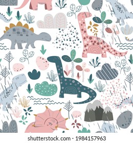 Childish seamless pattern with hand drawn dino in scandinavian style.