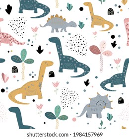 Childish seamless pattern with hand drawn dino in scandinavian style.