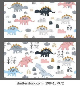 Childish seamless pattern with hand drawn dino in scandinavian style.