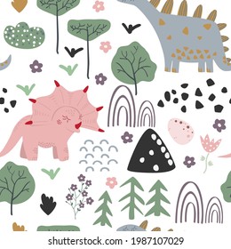 Childish seamless pattern with hand drawn dino in scandinavian style.