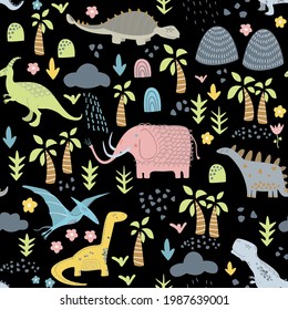 Childish seamless pattern with hand drawn dino in scandinavian style.