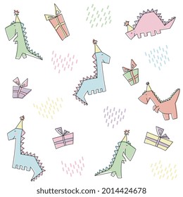 Childish seamless pattern with hand drawn dino. Cute dinosaurs. Happy birthday with presents. Vector childish background for wallpaper, clothing, wrapping, fabric