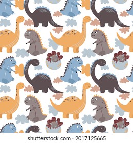 Childish seamless pattern with hand drawn dinosaurs in cartoon style. Vector Illustration. Kids illustration for nursery design. Cute baby animals on a white background.