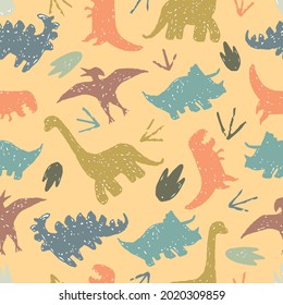 Childish seamless pattern with hand drawn dino, Vector print with cartoon dinosaurs, Dinosaurs pattern for boy, Cute pattern for kids in grunge style.