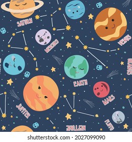 Patrón ininterrumpido infantil con elementos espaciales dibujados a mano espacio, planetas, estrellas, planeta, constelaciones, asteroide. Vector infantil de moda en el fondo oscuro.