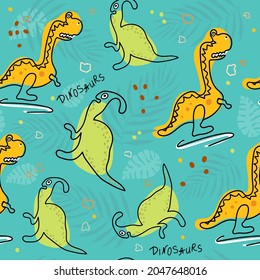 Childish seamless pattern with hand drawn dino in Scandinavian style. Dragon hand-drawn. Scribble. Creative vector childrens background for fabric, textile. 