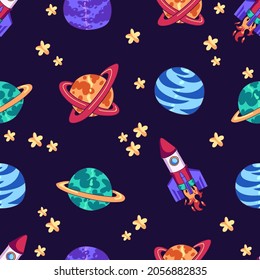 Childish seamless pattern with hand drawn space elements space, rocket, star, planet. Trendy kids vector background.Space children's seamless pattern with planets, rocket in cartoon style