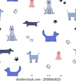 Childish seamless pattern with hand drawn dogs on white. Trendy scandinavian vector background. Perfect for kids apparel,fabric, textile, nursery decoration,wrapping paper