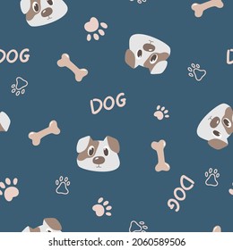 Childish seamless pattern with hand drawn dog face, bone, paw prints on dark blue. Trendy scandinavian vector background. Perfect for kids apparel, fabric, textile, nursery decoration, wrapping paper