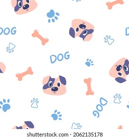 Childish seamless pattern with hand drawn dog face, bone, paw prints on white. Trendy colorful vector background. Perfect for kids apparel, fabric, textile, nursery decoration, wrapping paper