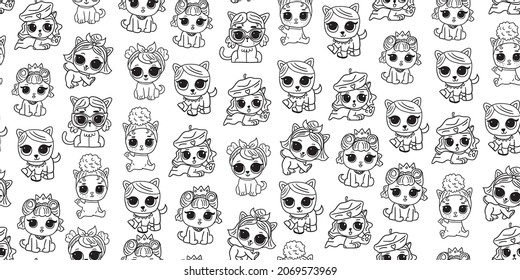 Childish seamless pattern with hand drawn doodle cats toys characters  on white. Perfect for kids apparel, fabric, textile, nursery decoration, wrapping paper. black and white kids pattern with cats