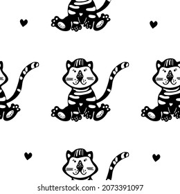 Childish seamless pattern with hand drawn cute tigers. Trendy scandinavian vector background. Perfect for kids apparel, fabric, posters, cards, t-shirts, textile, nursery decoration,wrapping paper