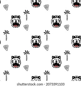Childish seamless pattern with hand drawn cute tigers. Trendy scandinavian vector background. Perfect for kids apparel, fabric, posters, cards, t-shirts, textile, nursery decoration,wrapping paper