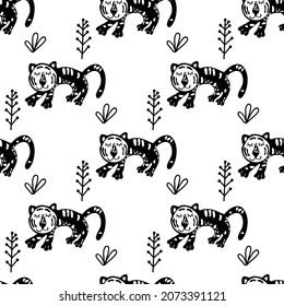 Childish seamless pattern with hand drawn cute tigers. Trendy scandinavian vector background. Perfect for kids apparel, fabric, posters, cards, t-shirts, textile, nursery decoration,wrapping paper