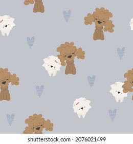 Childish seamless pattern with hand drawn dogs. Pomeranian and poodle. Trendy scandinavian vector background. Perfect for kids apparel, fabric, textile, nursery decoration, wrapping paper.

