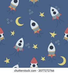 Patrón ininterrumpido infantil con elementos espaciales dibujados a mano, nave espacial, cohete, estrella, planeta, luna. Fondo vectorial infantil de moda.


