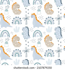 Childish seamless pattern with hand drawn dino in scandinavian style baby boy. Creative vector childish background for fabric, textile.