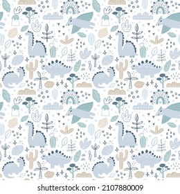 Childish seamless pattern with hand drawn baby dino in scandinavian style. Creative vector childish boy background for fabric, textile.