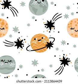 Childish seamless pattern with hand drawn space elements. Planets and stars constellation background. Trendy kids vector backdrop.