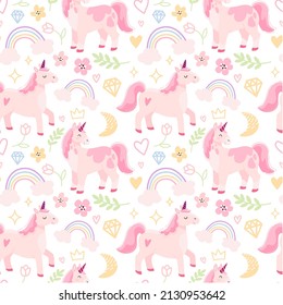 Childish seamless pattern with hand drawn unicorns, hearts, rainbow, stars, pink flowers, horses and snowflakes. Trendy cartoon kids vector background. Can be used for wallpaper, scrapbooking, textile