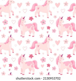 Childish seamless pattern with hand drawn unicorns, rainbow and hearts, horses and pink flowers. Trendy cartoon kids vector background. Can be used for wallpaper, scrapbooking, textile, baby clothes. 