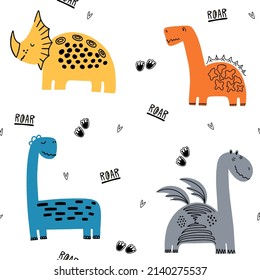 Patrón infantil sin costura con dinozaurios dibujados a mano en estilo moderno. Fondo infantil vectorial creativo para tela, textil