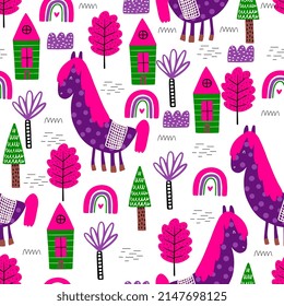 Childish seamless pattern with hand drawn horse. Creative vector childish background for fabric, textile, nursery wallpaper. Vector Illustration.