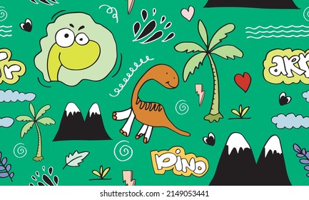 Childish seamless pattern with hand drawn funny dinosaurs for fabric, textile, fashion clothes, t shirts. hand drawn vector with lettering.