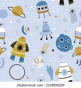 Childish seamless pattern with hand drawn space ship, rocket, ufo, star, planet, space probe. Trendy kids vector background.