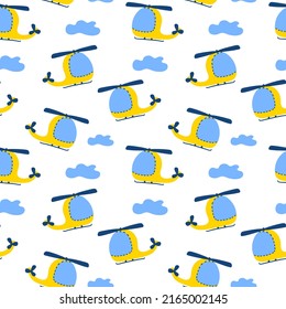 Childish seamless pattern with hand drawn Helicopters. Perfect for kids apparel,fabric, textile, nursery decoration,wrapping paper. Vector illustration