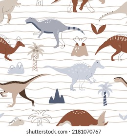 Patrón infantil sin costuras con dinosaurios dibujados a mano, palmeras y volcanes al estilo escandinavo. Fondo infantil vectorial creativo para tela, textil