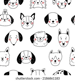 Childish seamless pattern with hand drawn dogs faces. Doodle style. Cartoon puppy. Different breeds of dogs. Black and white vector illustration.