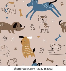 Childish seamless pattern with hand drawn dogs. Perfect for kids apparel,fabric, textile, nursery decoration, wrapping paper