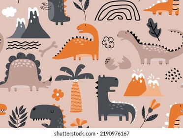 Childish seamless pattern with hand drawn dino in scandinavian style. 