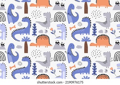 Childish seamless pattern with hand drawn dino in scandinavian style. 