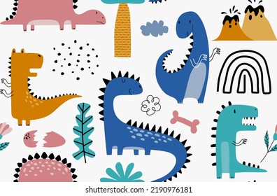 Childish seamless pattern with hand drawn dino in scandinavian style. 