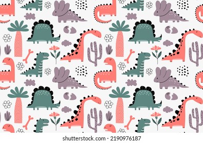 Childish seamless pattern with hand drawn dino in scandinavian style. 