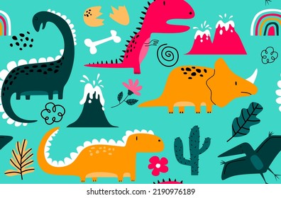 Childish seamless pattern with hand drawn dino in scandinavian style. 