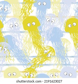 Childish seamless pattern with hand drawn marine inhabitants. Jellyfish, whale, octopus, starfish, crab. Shell aquarium background. Nautical marine illustration