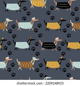 Childish seamless pattern with hand drawn dachshund dogs. Trendy scandinavian vector background. Perfect for kids apparel,fabric, textile, nursery decoration,wrapping paper.