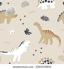 Childish seamless pattern with hand drawn dinosaurs. Creative vector kids  background for fabric, textile, wallpaper