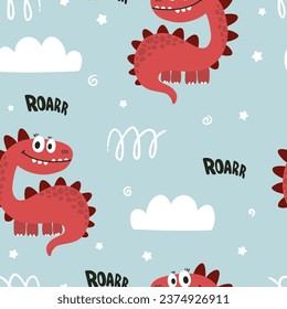 Childish seamless pattern with hand drawn dinosaurs. Creative vector kids background for fabric, textile, wallpaper.