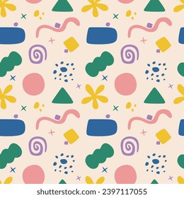 Childish seamless pattern with hand drawn doodle geometric elements. Creative kids design for packaging, textiles, fabrics. Colorful trendy abstract shapes or elements. Vector illustration