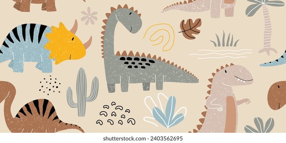 Childish seamless pattern with hand drawn dinosaur or dino in scandinavian style.